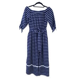 eShakti Dress Small 4 Blue White Striped Off Shoulder Tie Belt Midi Length